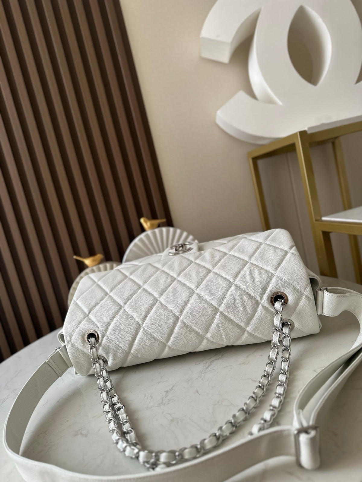 CC Messenger Weekender Flap Tote Bag White Caviar SHW