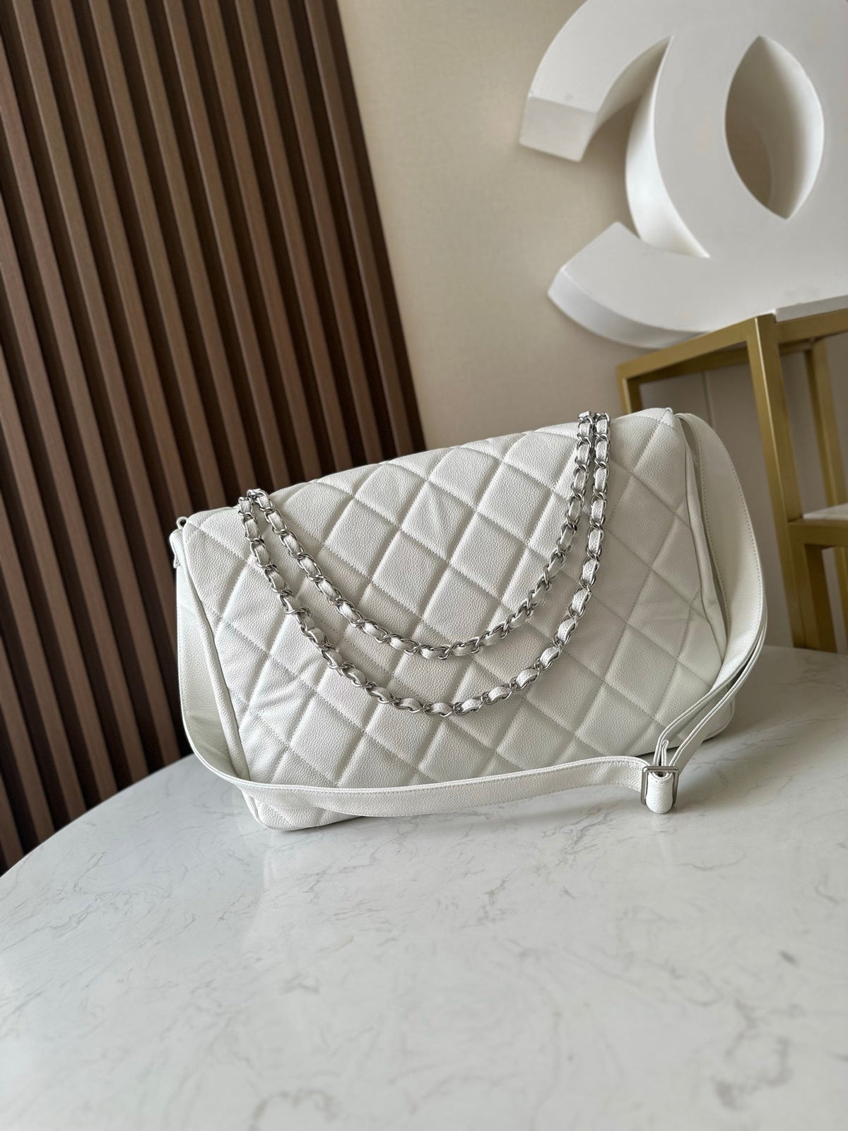 CC Messenger Weekender Flap Tote Bag White Caviar SHW
