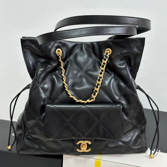 Maxi Shopping Bag 36cm In Black Lambskin Gold Metallic