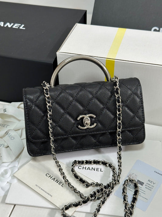 CC 25P Wallet Woc Handle 17cm Black Leather Silver Hardware 243445