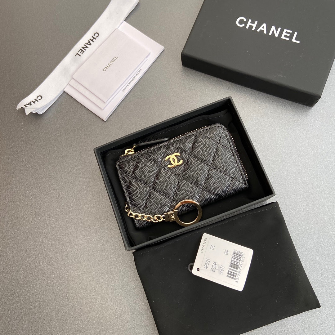 CC Hook & Chain Zipper Card Holder Black Caviar GHW 234733