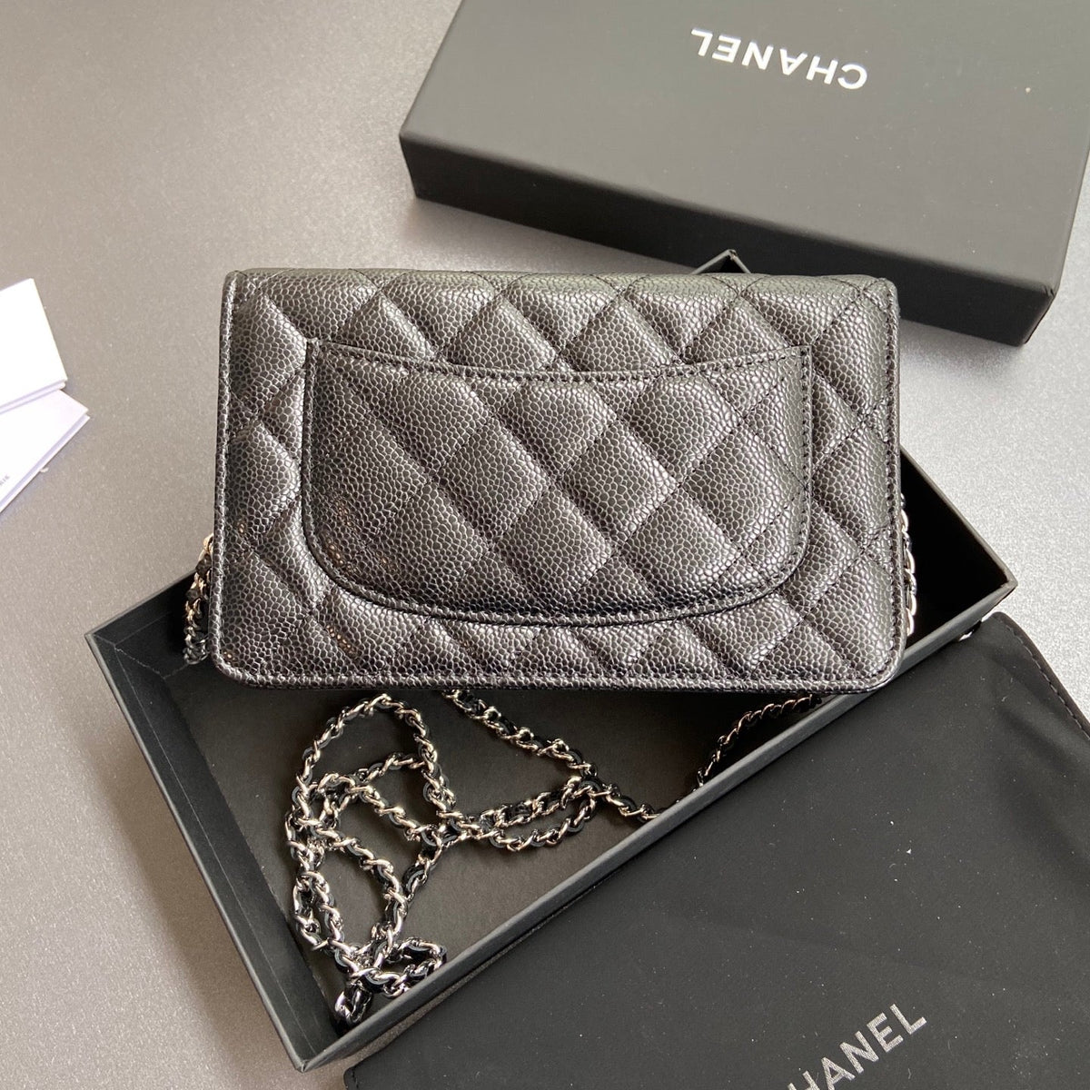 CC Wallet On Chain 20cm Black Caviar Leather Light Gold Hardware 240162