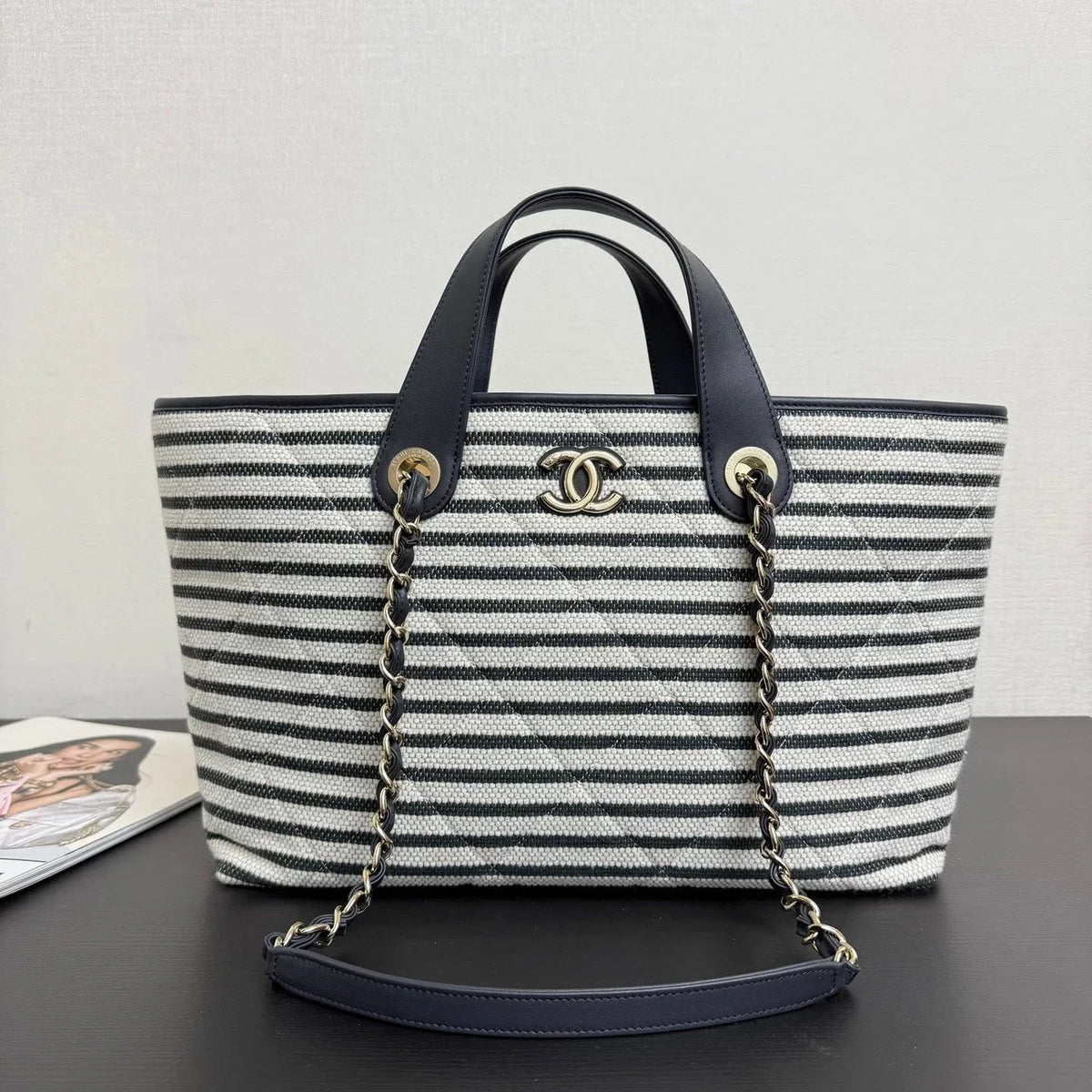 Chanel 26 Woven Beach Bag 46 White Navy Blue Canvas Leather