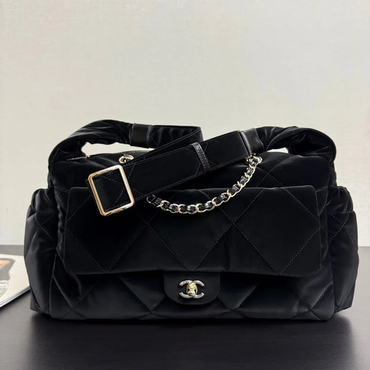 Chanel 26 Bowling Maxi Bag 32 Black Velvet Effect Nylon