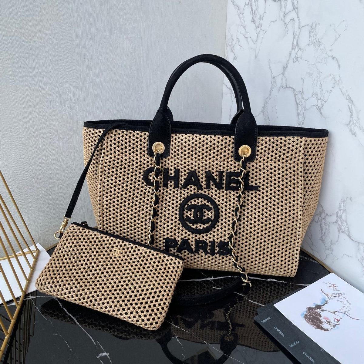 CC 25 Deauville Tote Bag 34cm Beige Black Crochet Suede