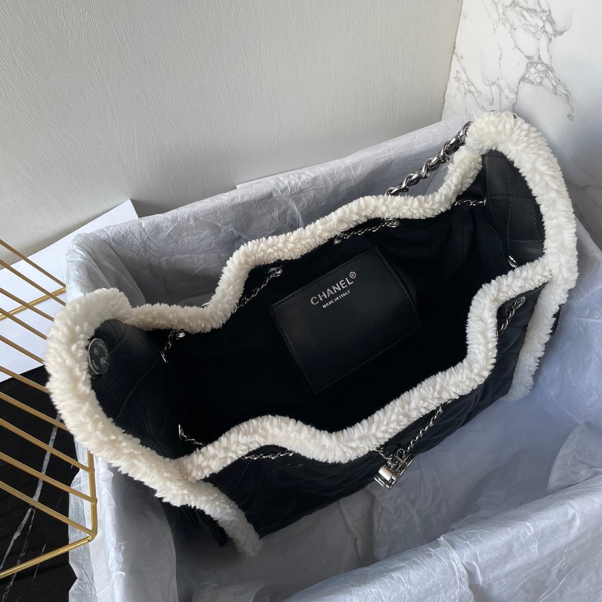 CC 25C Hobo Bag 30cm Black White Lambskin Silver Hardware