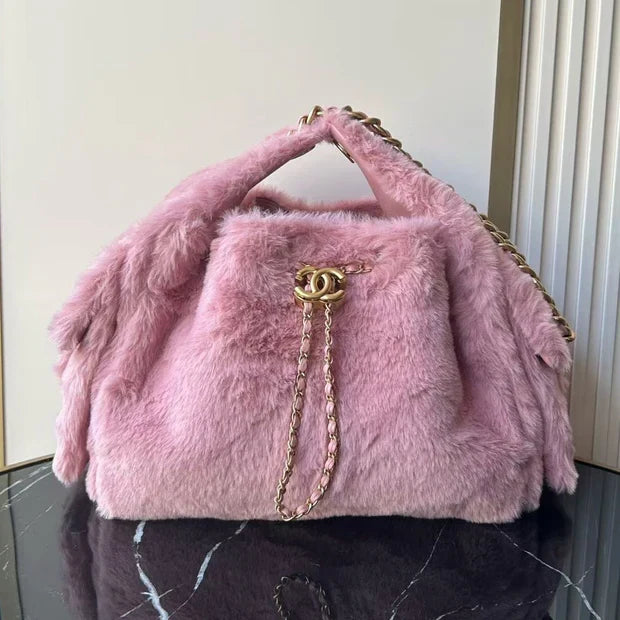 Chane 2026 Hobo Bag 30cm Pink Fur Leather