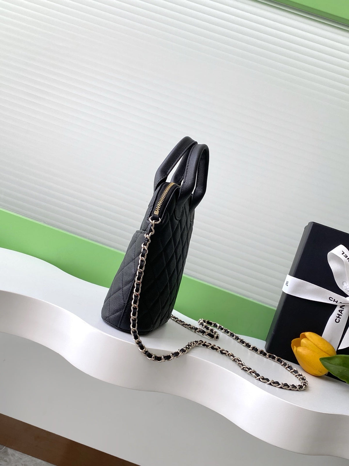 CC 25A Clutch With Chain 18cm Black Grained Calfskin