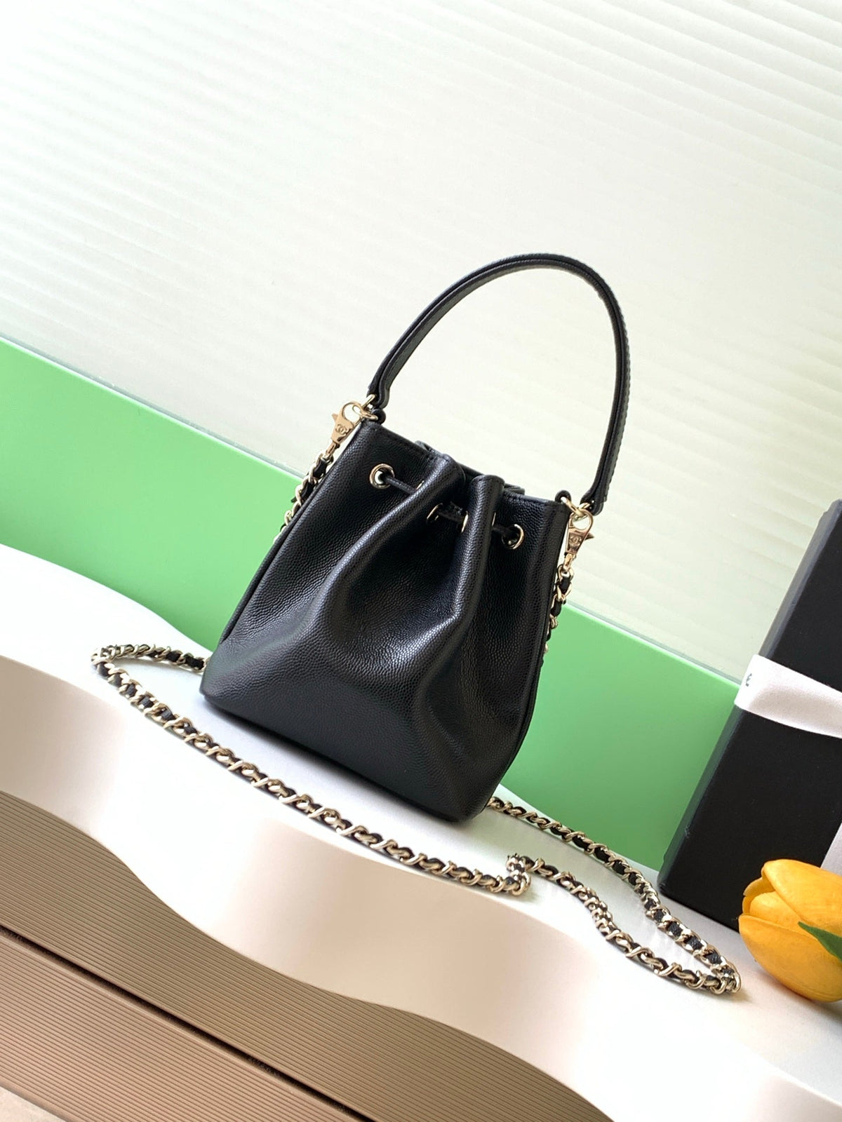 CC Mini Pocket Bucket Bag Black Caviar Leather Light GHW 269203
