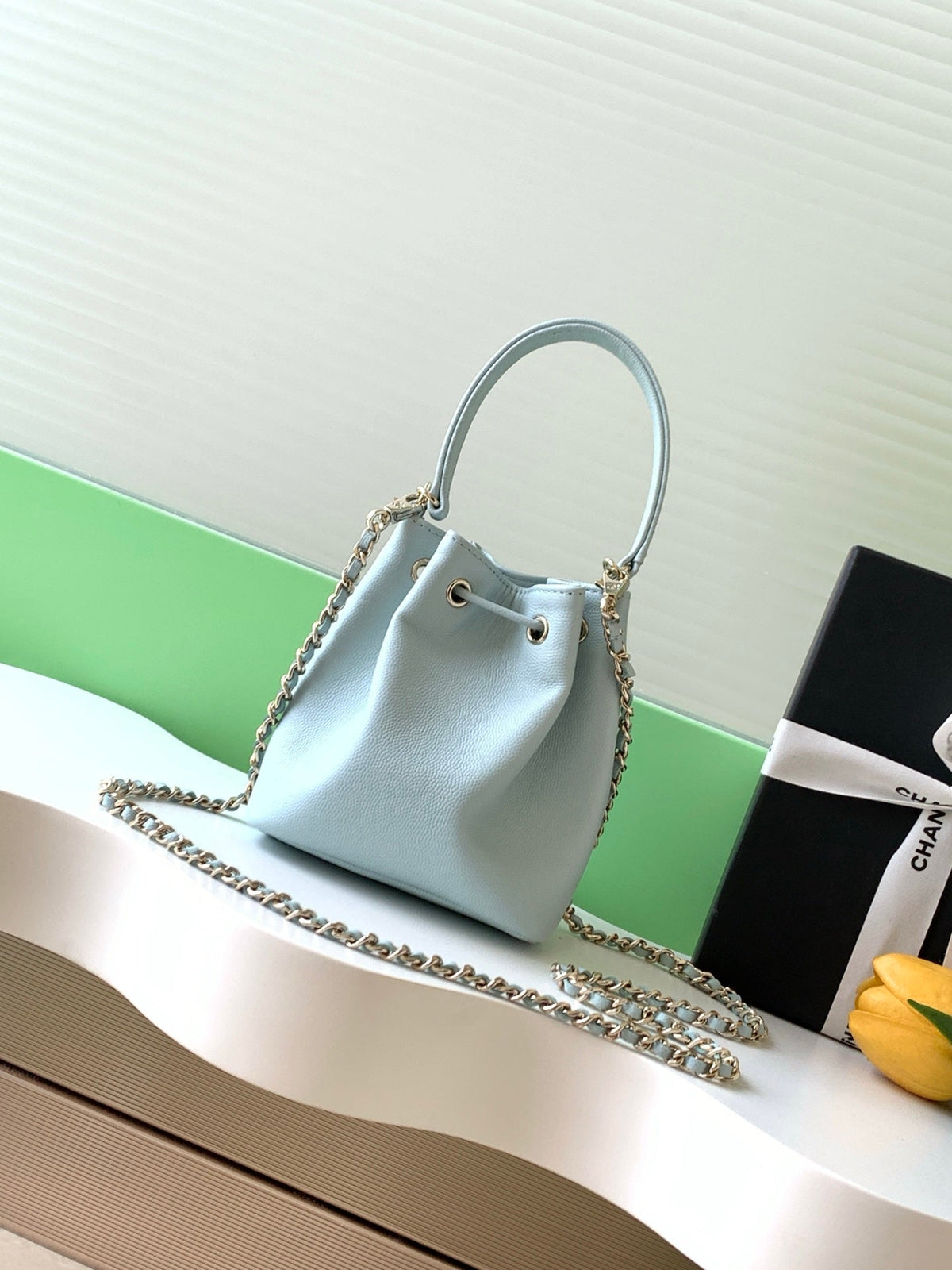 CC Mini Pocket Bucket Bag Light Blue Caviar Leather Light GHW 269201