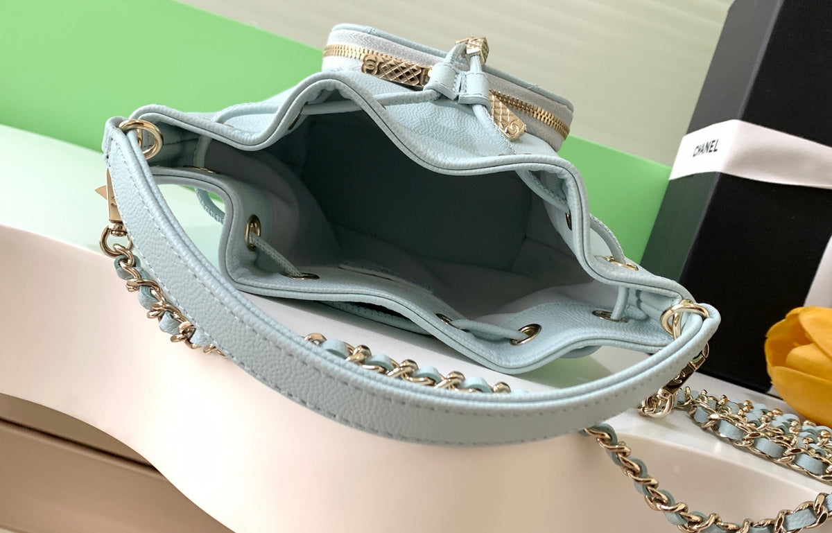 CC Mini Pocket Bucket Bag Light Blue Caviar Leather Light GHW 269201