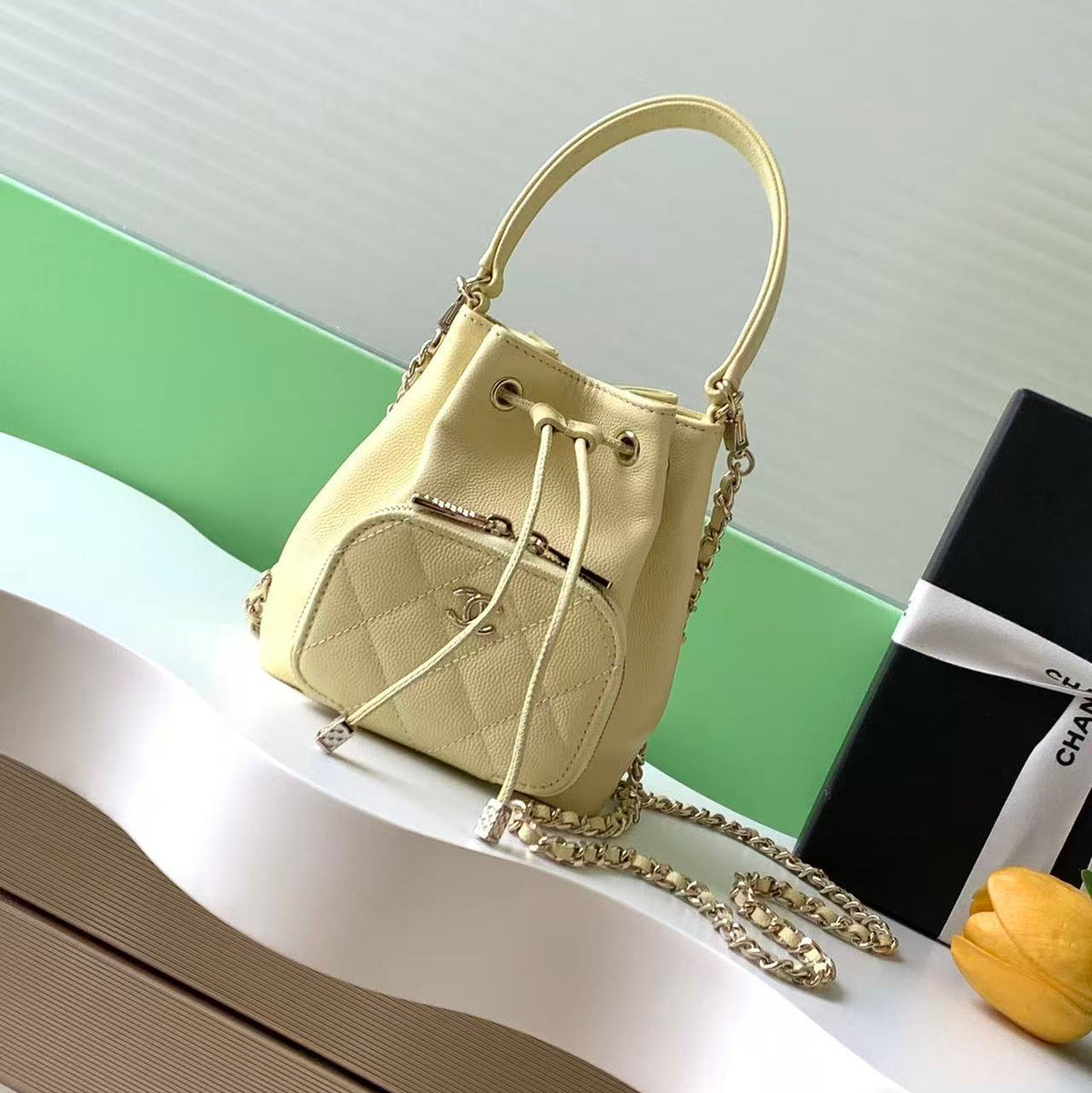 CC Mini Pocket Bucket Bag Light Yellow Caviar Leather Light GHW 269200