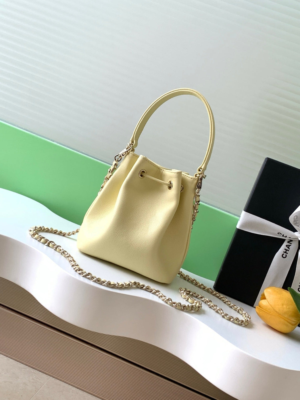 CC Mini Pocket Bucket Bag Light Yellow Caviar Leather Light GHW 269200
