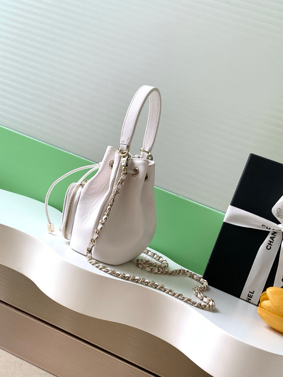 CC Mini Pocket Bucket Bag White Caviar Leather Light GHW 269199