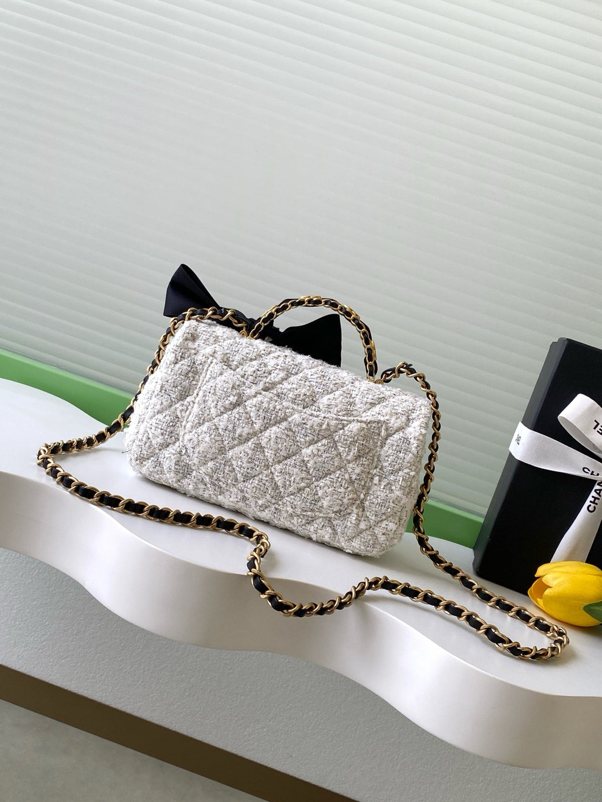 CC FW 25/26 Mini Flap Bag with Top Handle White Black Tweed Silk GHW