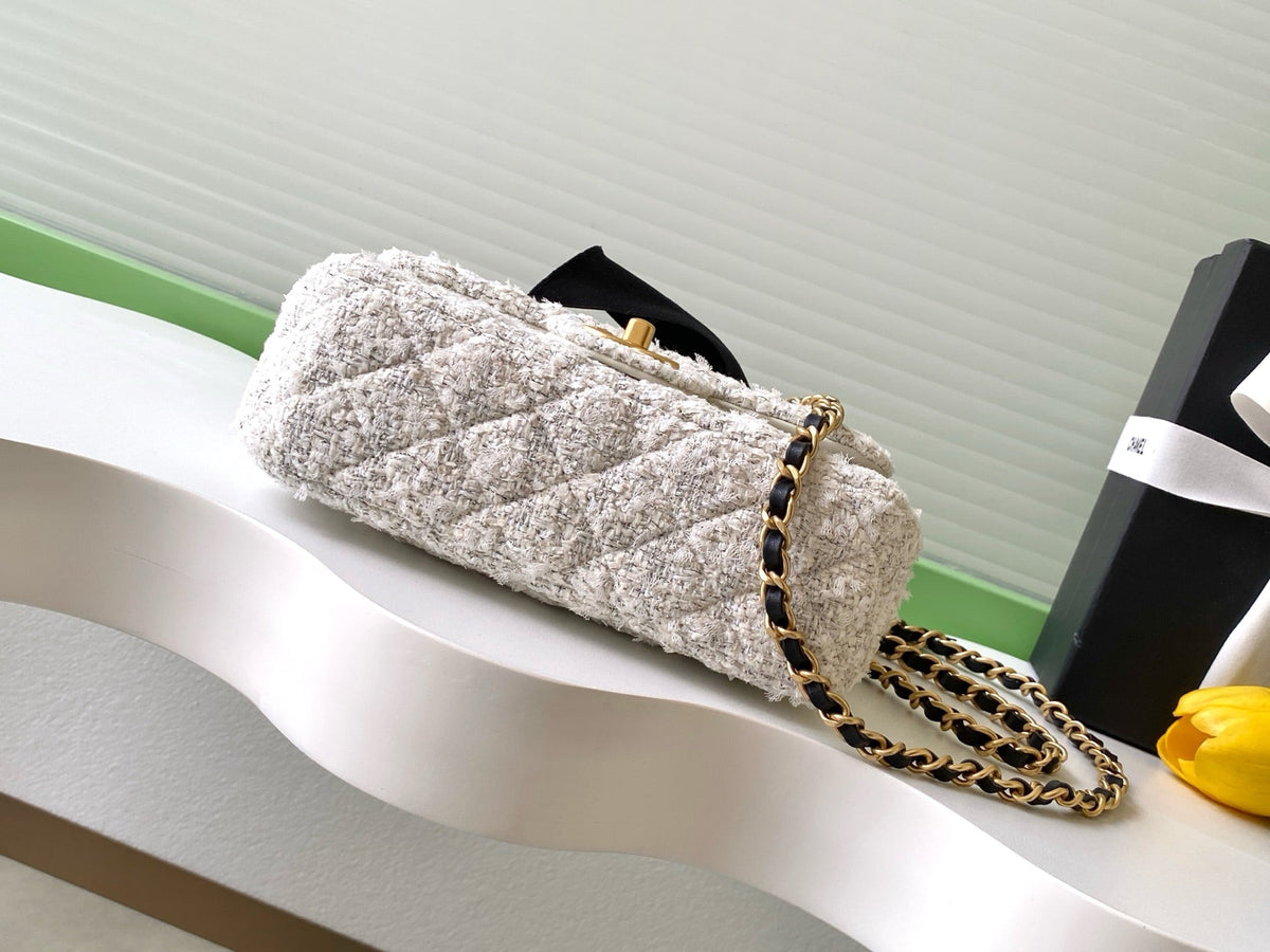 CC FW 25/26 Mini Flap Bag with Top Handle White Black Tweed Silk GHW