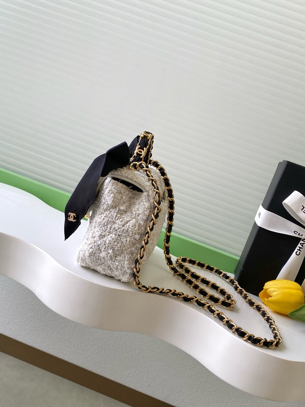CC FW 25/26 Mini Flap Bag with Top Handle White Black Tweed Silk GHW