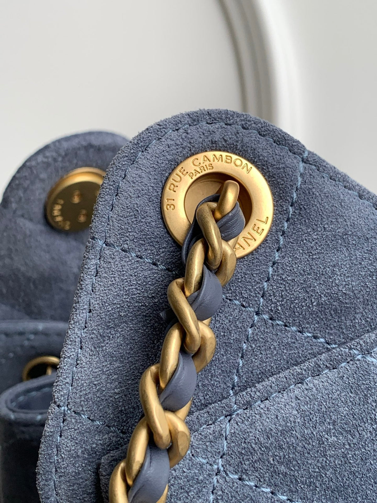 Chanel 25S Hobo Bag 22 in Blue Gray Suede with Gold Hardware
