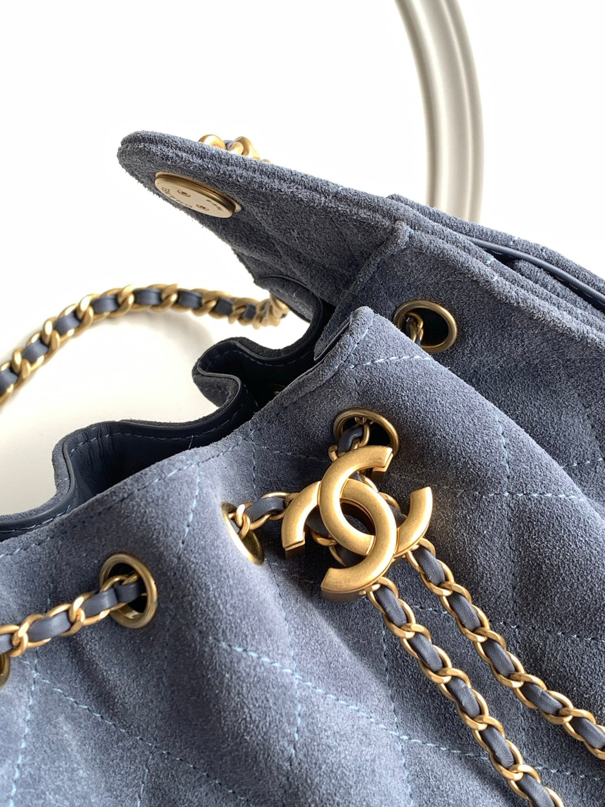 Chanel 25S Hobo Bag 22 in Blue Gray Suede with Gold Hardware