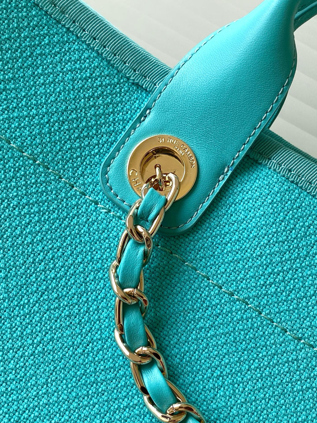 Chanel 25S Tote Bag 38cm in Turquoise Blue Canvas