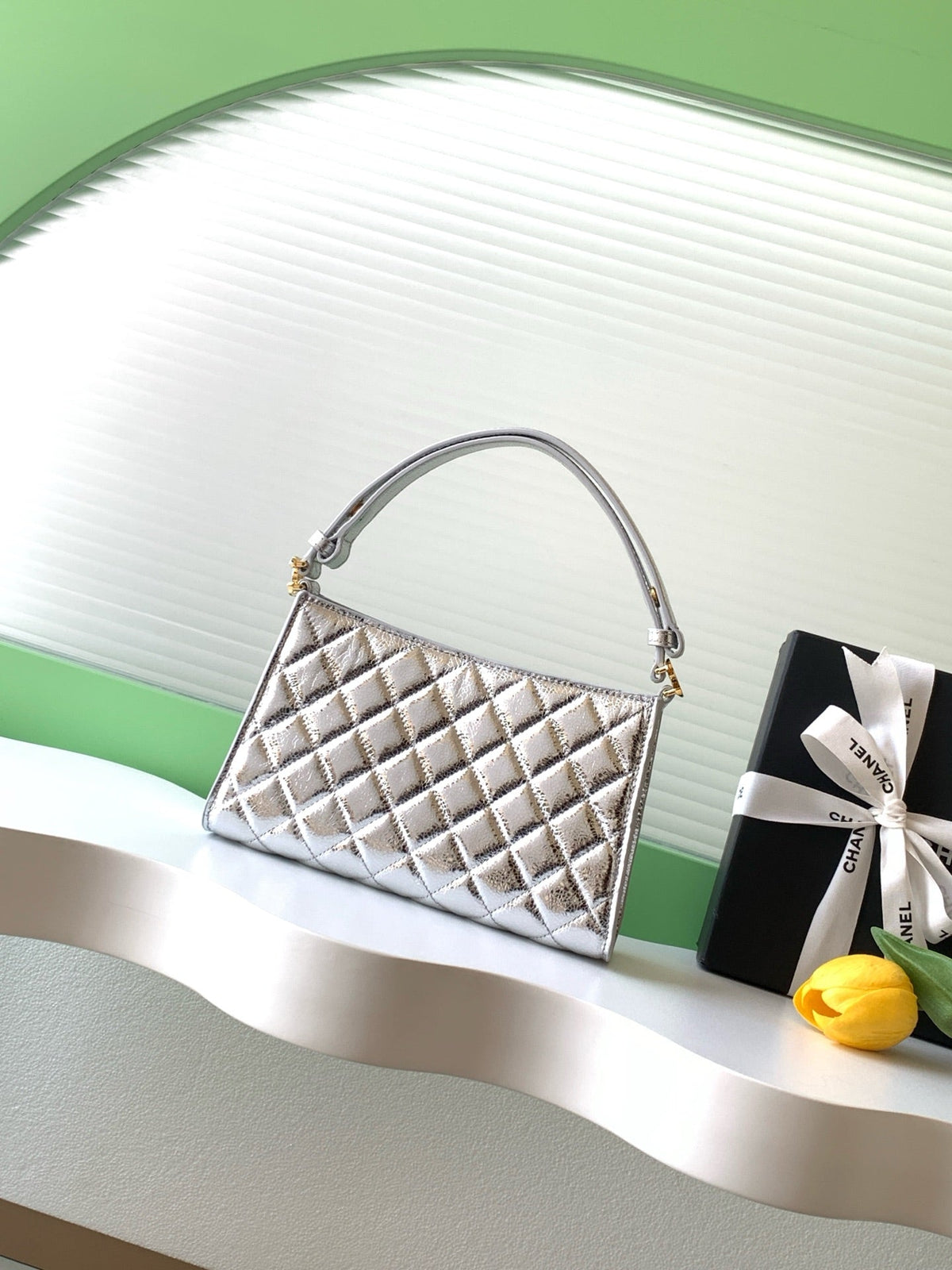 CC AS6045 Hobo Bag 22cm Metallic Sliver Quilted Calfskin