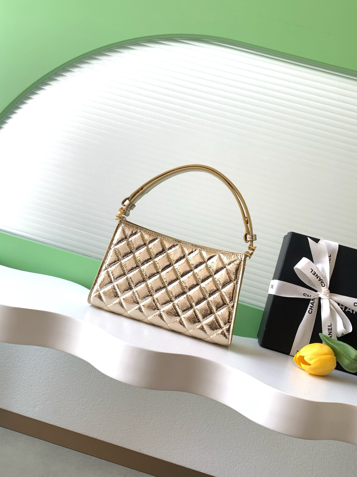 CC AS6045 Hobo Bag 22cm Metallic Gold Quilted Calfskin