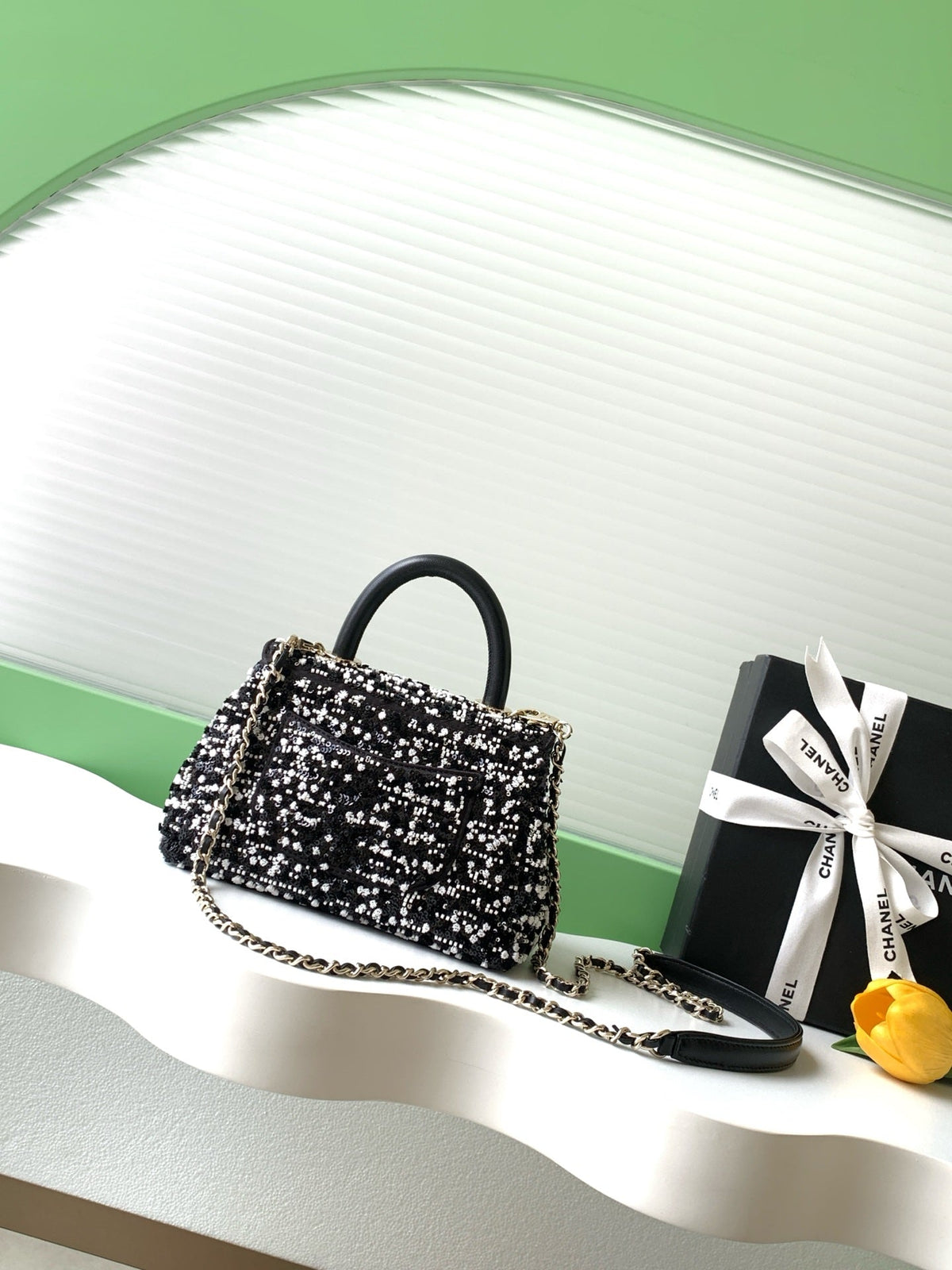 CC AS2215 Mini Flap Bag with Top Handle Black Tweed