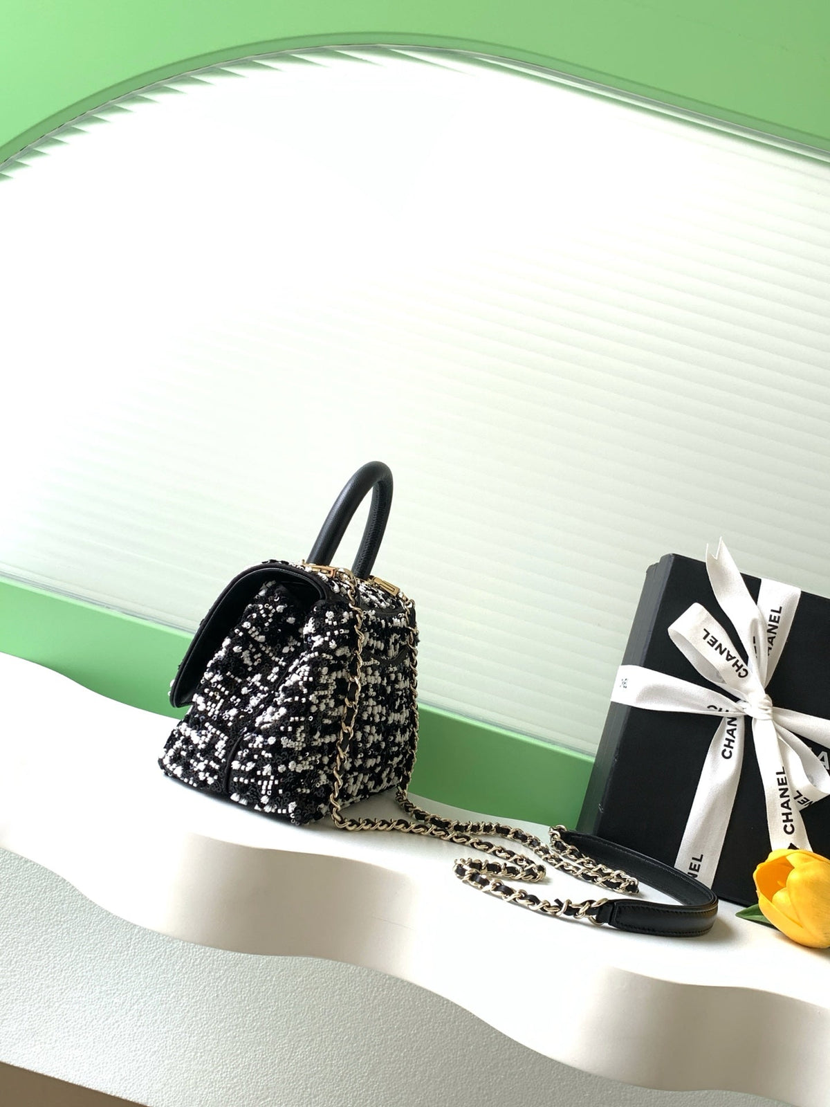 CC AS2215 Mini Flap Bag with Top Handle Black Tweed