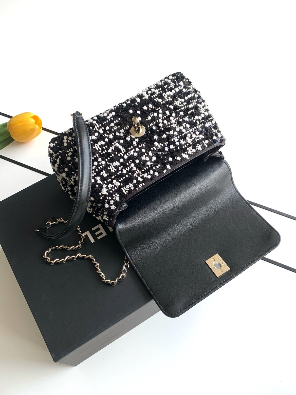 CC AS2215 Mini Flap Bag with Top Handle Black Tweed