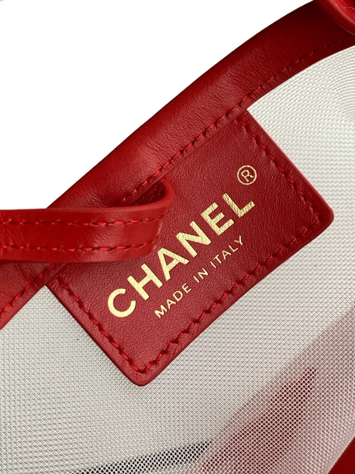 CC Large Bucket Bag Red Embroidered Mesh Calfskin
