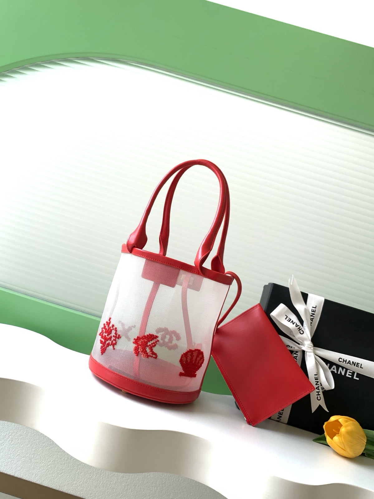 CC Large Bucket Bag Red Embroidered Mesh Calfskin