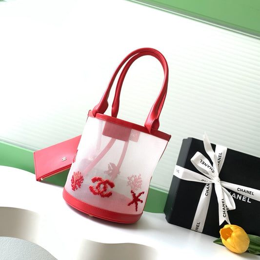 CC Large Bucket Bag Red Embroidered Mesh Calfskin