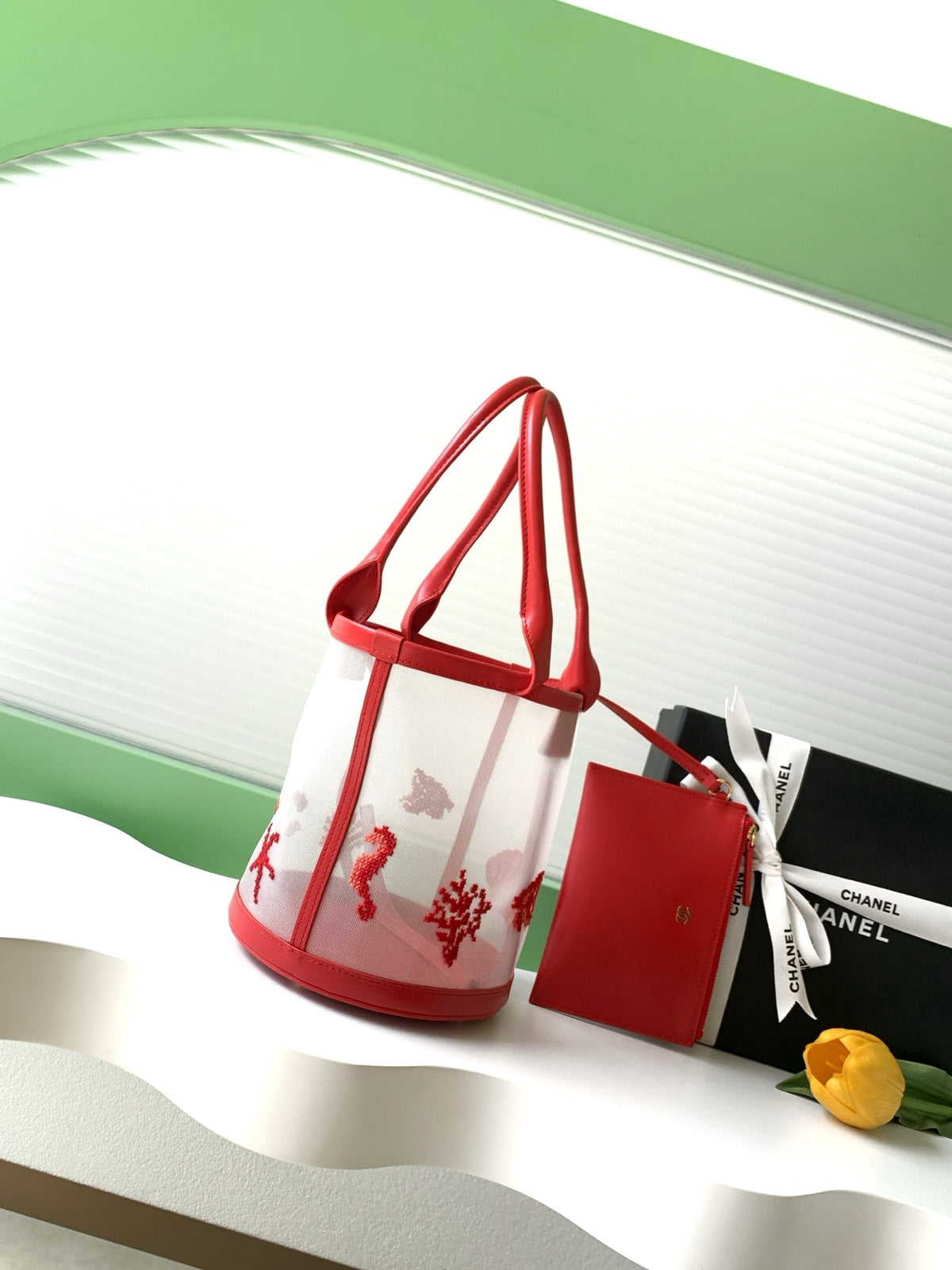 CC Large Bucket Bag Red Embroidered Mesh Calfskin