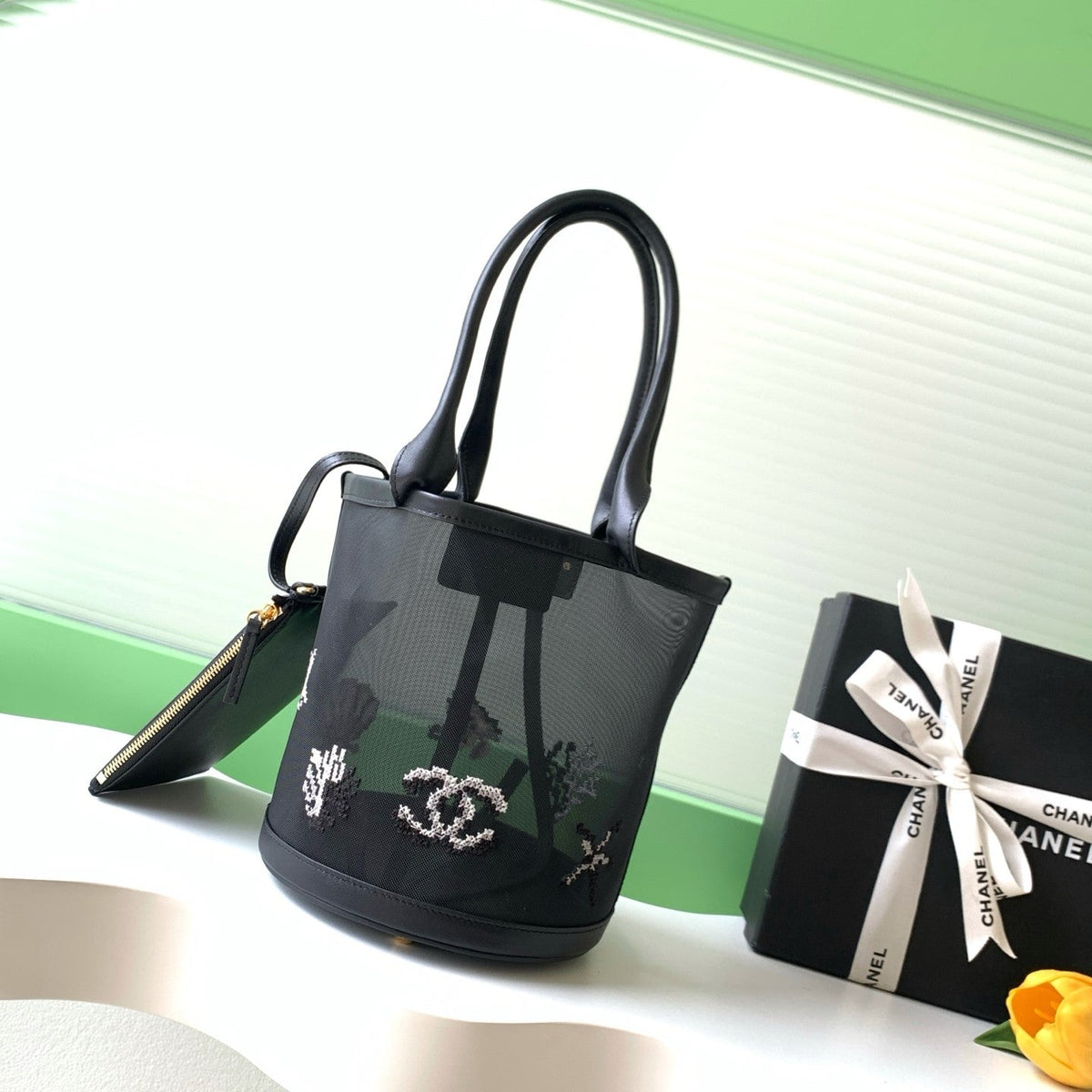 CC Large Bucket Bag Black Embroidered Mesh Calfskin
