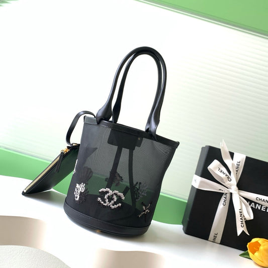 CC Large Bucket Bag Black Embroidered Mesh Calfskin