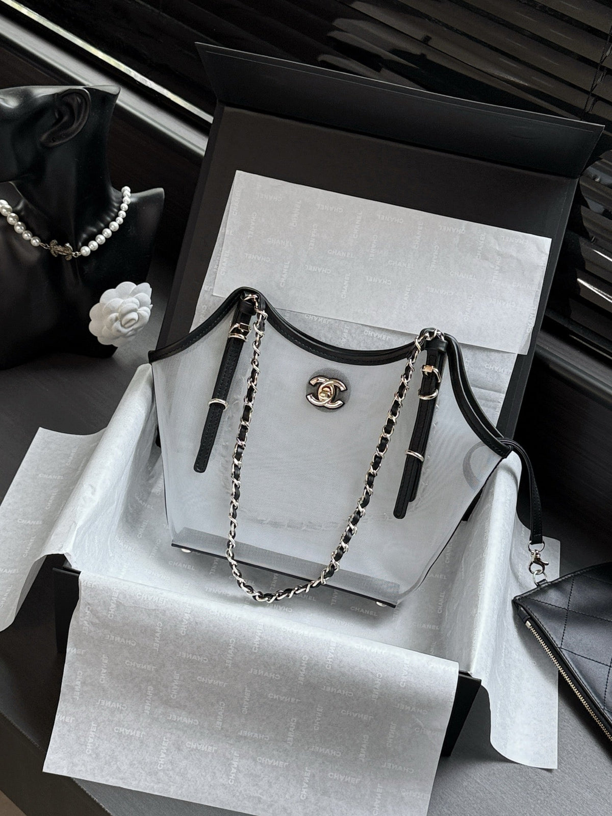 CC 26s Small Tote Black White Mesh Calfskin