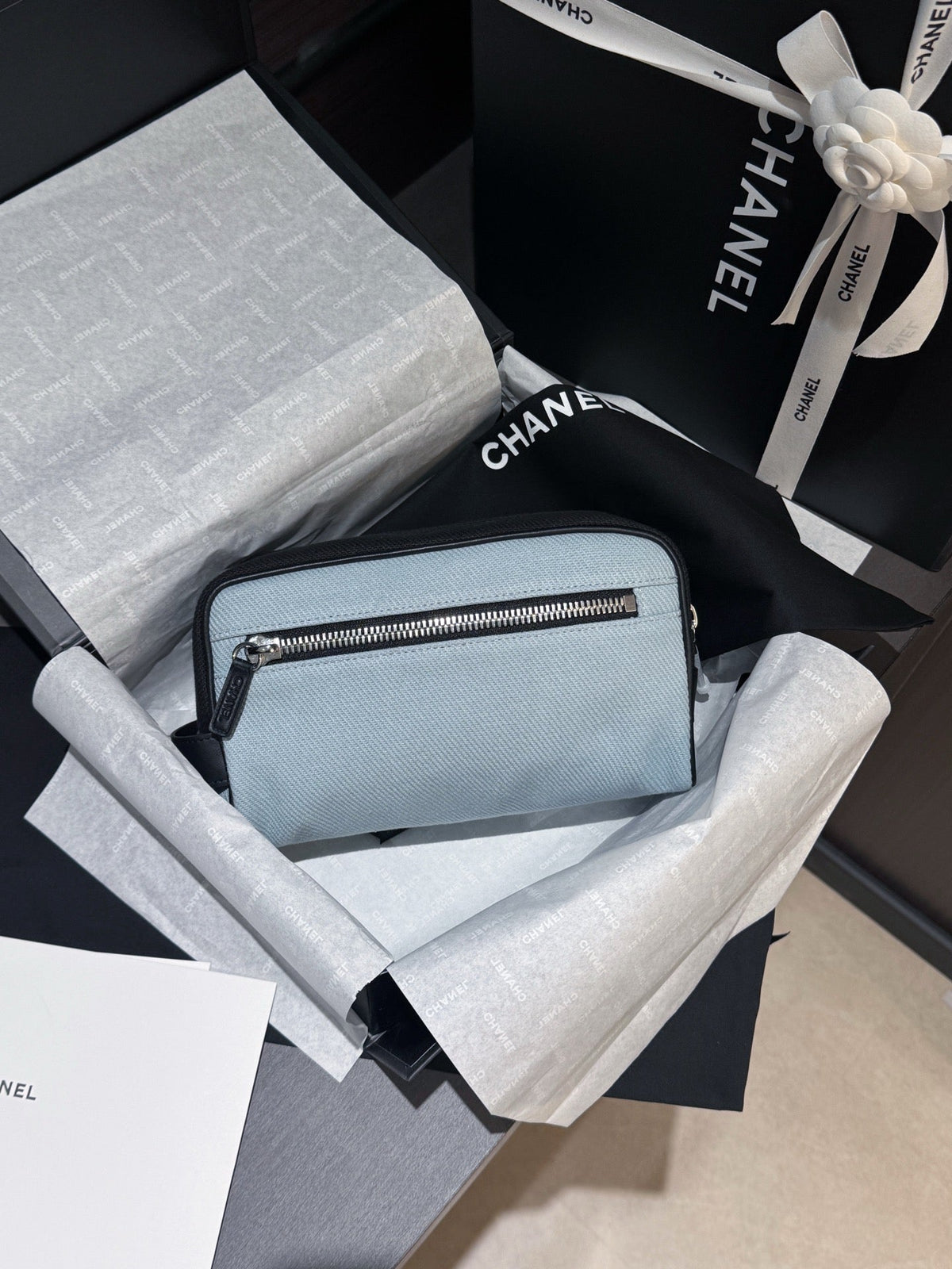 CC 26s Large Zippered Pouch Light Blue Canvas Calfskin