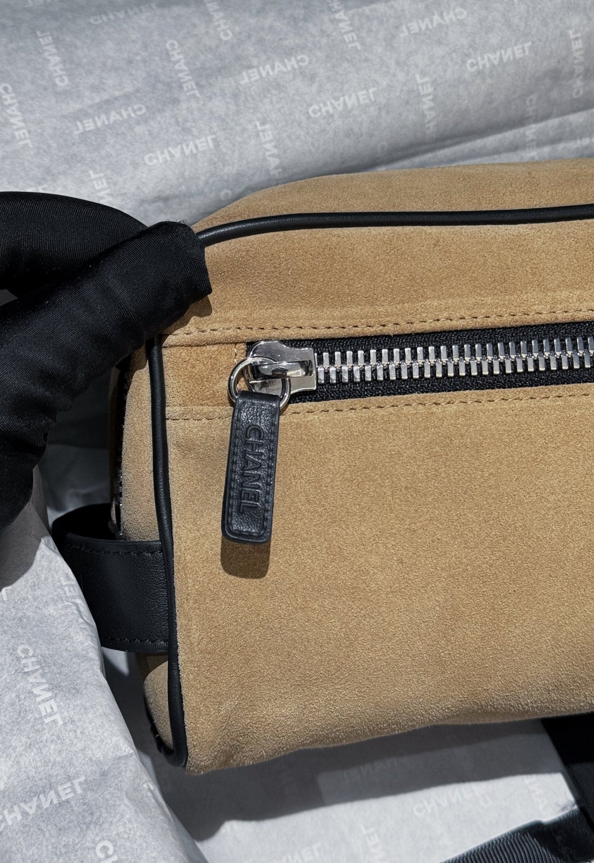 CC 26s Large Zippered Pouch Light Beige Canvas Calfskin