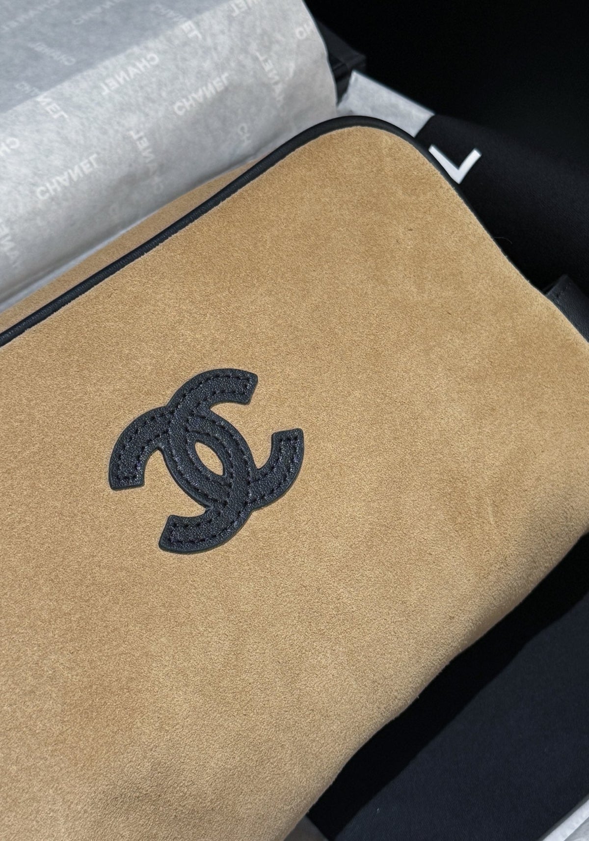 CC 26s Large Zippered Pouch Light Beige Canvas Calfskin