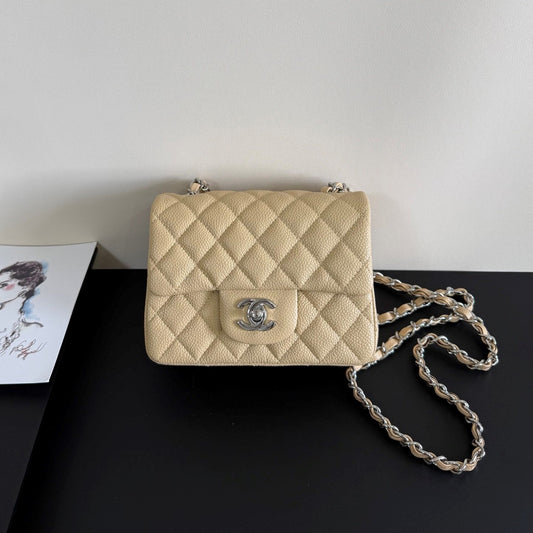 CC Flap Bag 17cm Beige Caviar SHW 284749