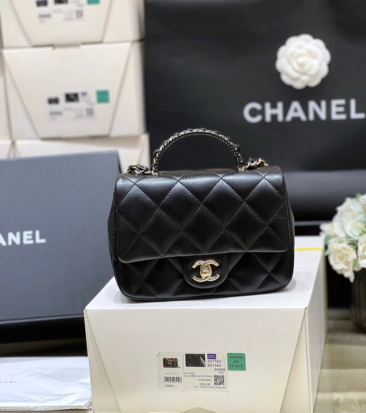 CC 25P Mini Top Handle Flap Bag Black Quited Lambskin 290150