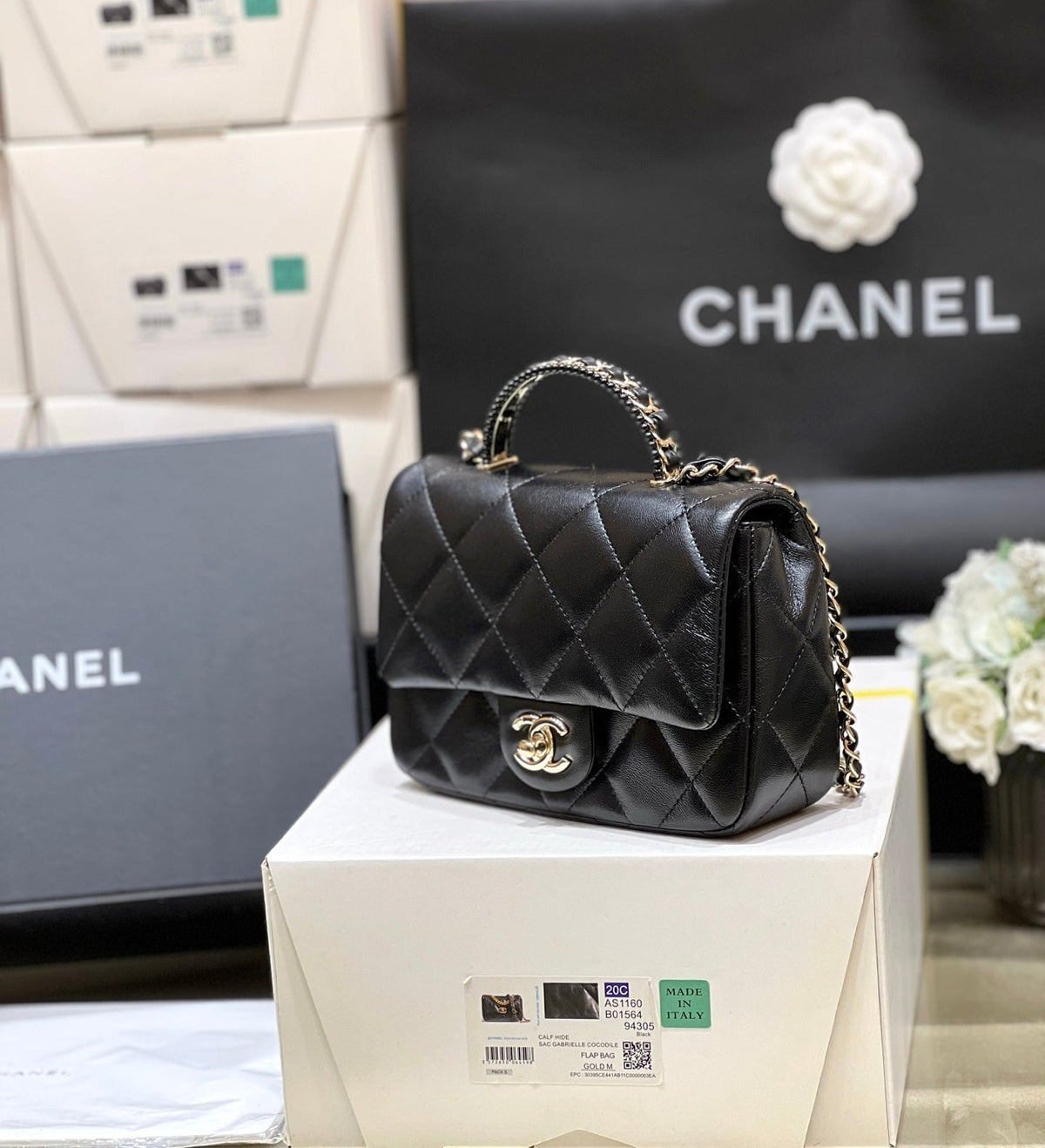 CC 25P Mini Top Handle Flap Bag Black Quited Lambskin 290150