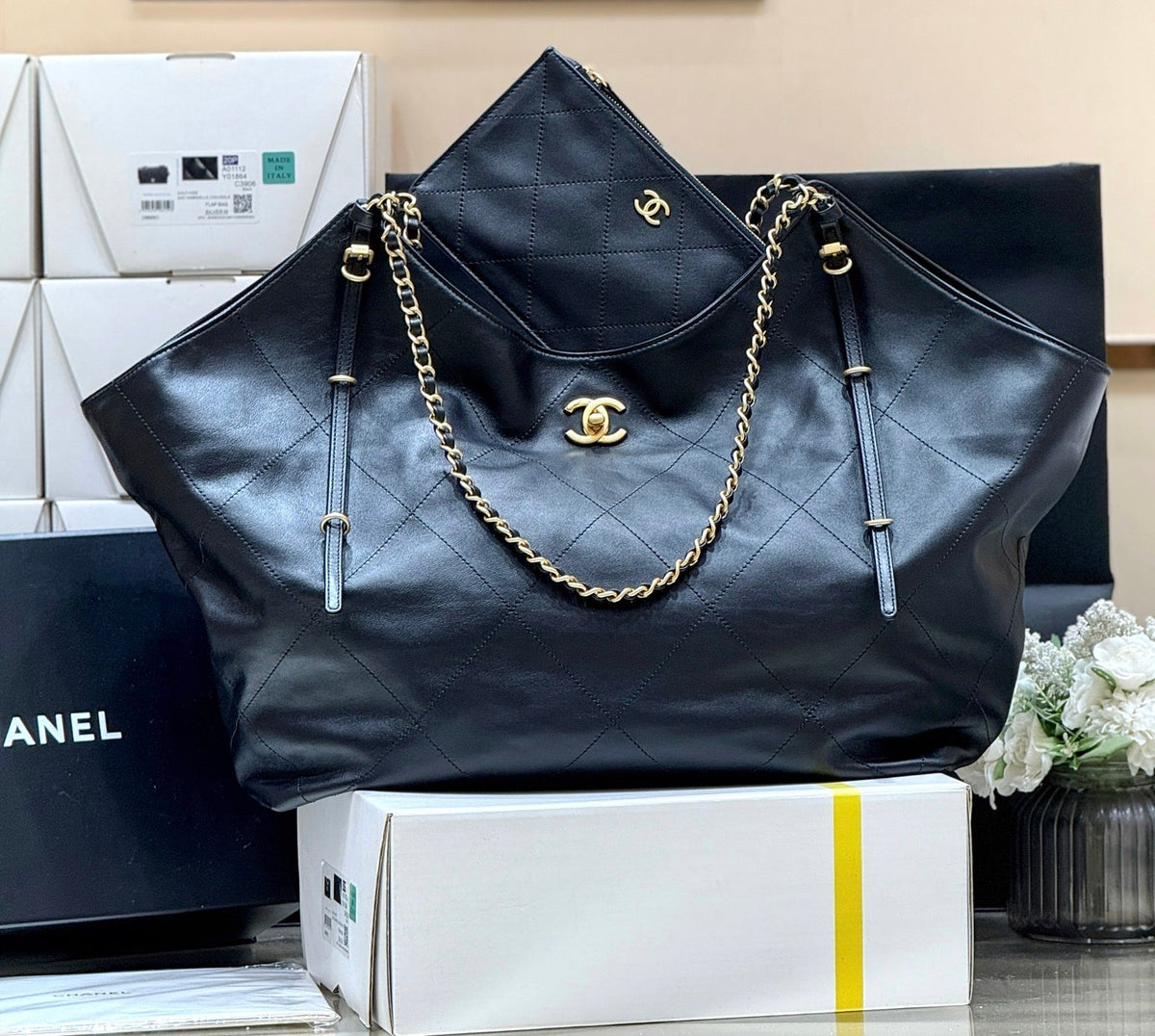 CC Large Maxi Shopping Bag 59cm Black Calfskin GHW