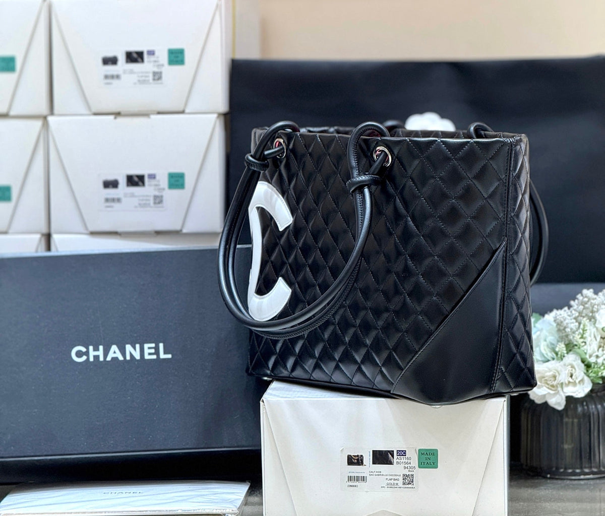 Chanel 25s Cambon Ligne Tote Bag 30cm In Black And White Calfskin