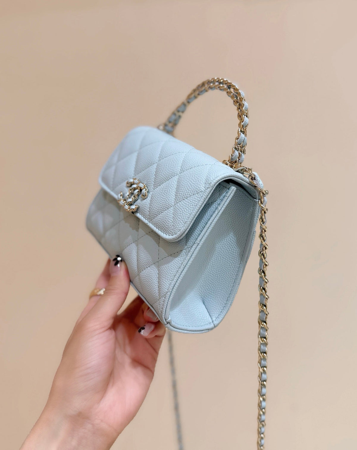 CC 25s Kelly Handle Bag Light Blue Caviar Leather