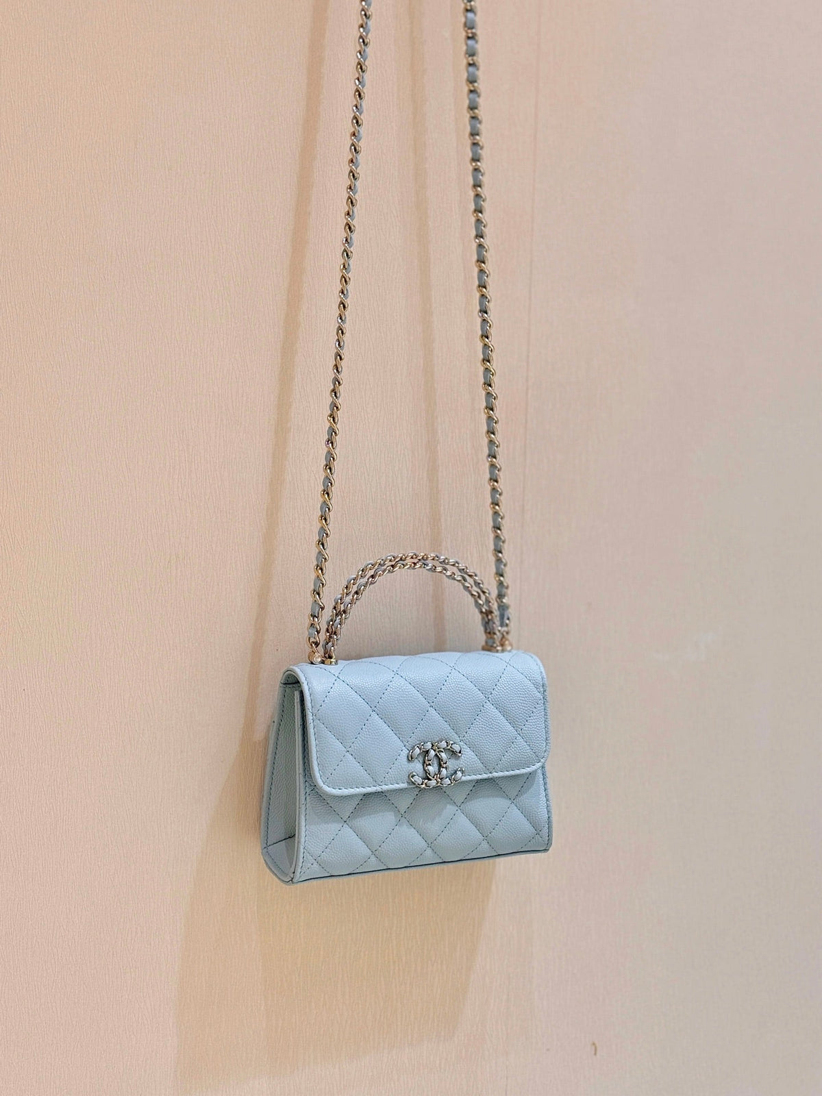 CC 25s Kelly Handle Bag Light Blue Caviar Leather
