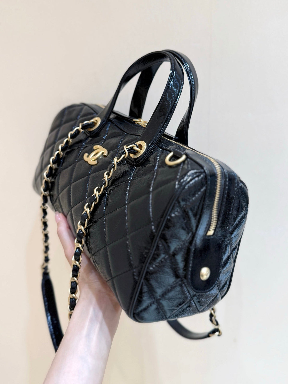 CC 25s Maxi Bowling Bag 31cm Black Patent Crumpled Calfskin