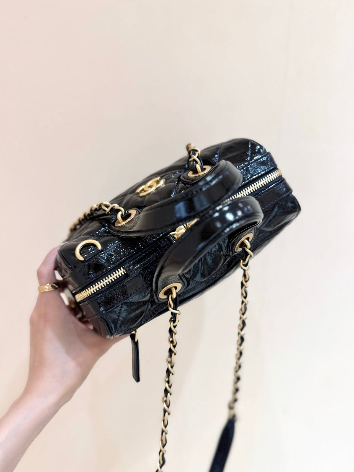 CC 25s Maxi Bowling Bag 21 Black Patent Crumpled Calfskin