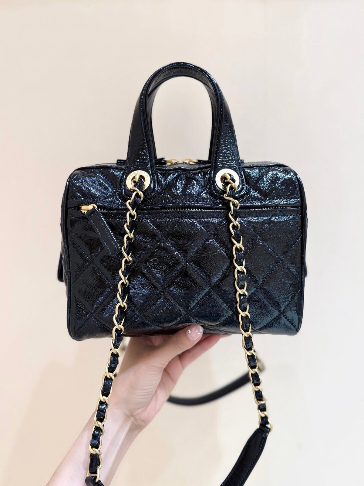CC 25s Maxi Bowling Bag 21 Black Patent Crumpled Calfskin