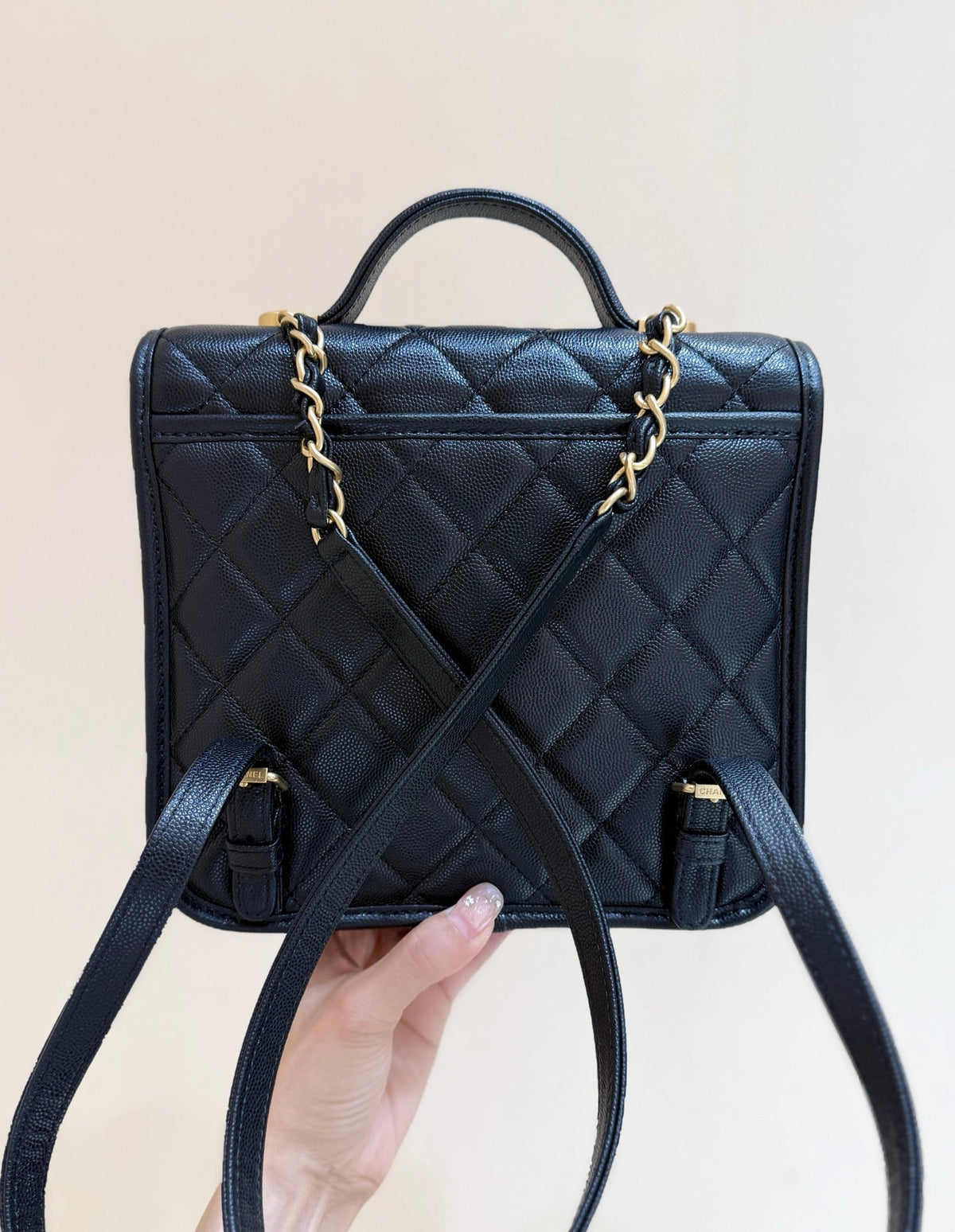 Chanel 2025 Four-Leaf Clover Backpack Black Gold Caviar Leather 342116